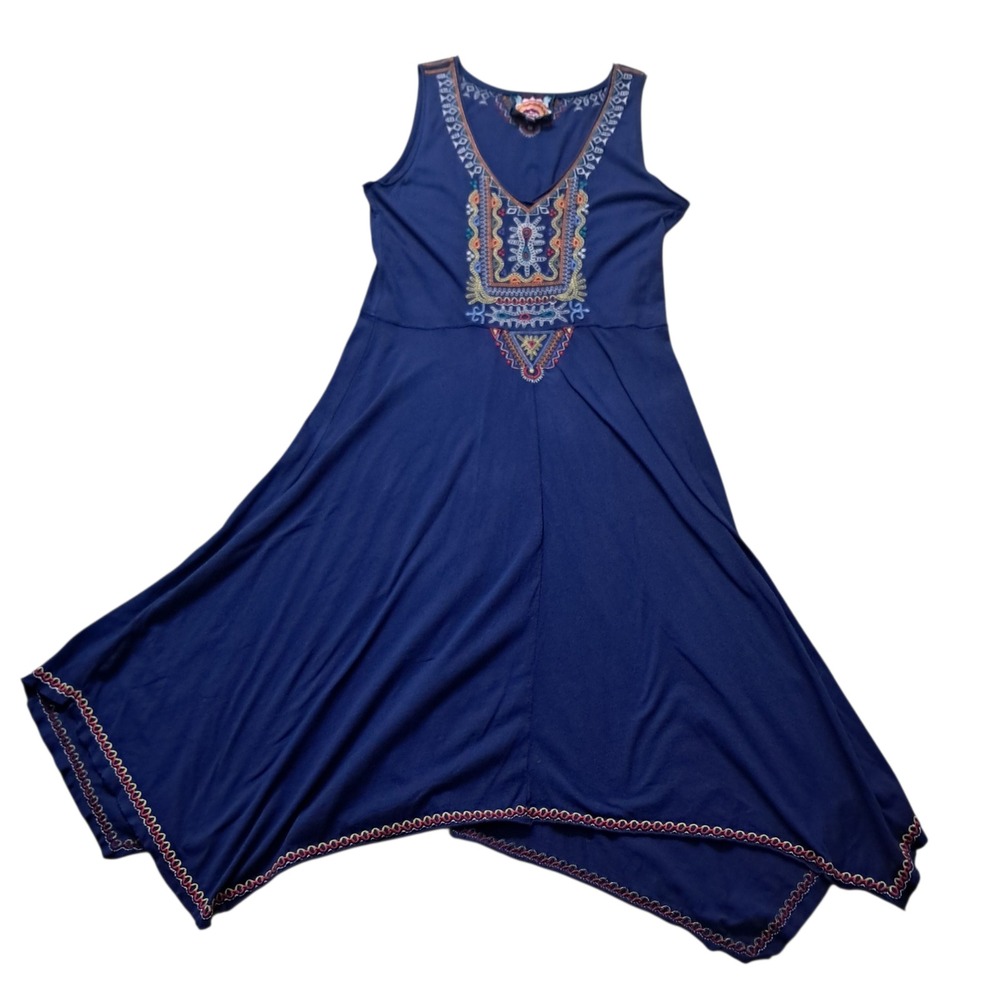 Johnny Was Annika Dress Women's XS Blue Embroidered Tank Swing Handkerchief Hem